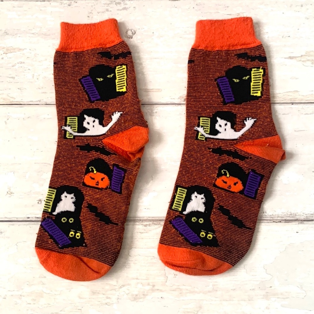 Halloween Socks OS Adult Crew Length Orange Black Pumpkin Ghost Cats Mens Womens
